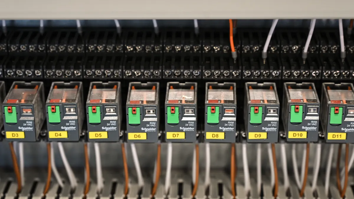 Close-up of circuit breaker modules in a panel