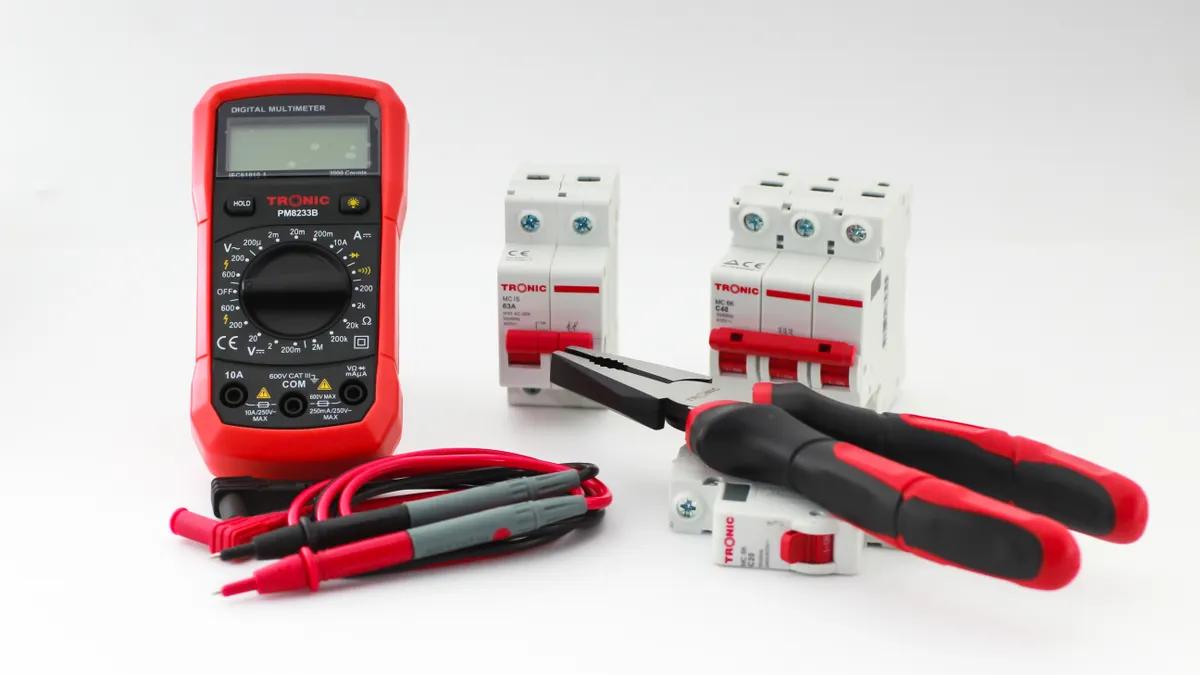 Digital multimeter, test leads, and electrical breakers